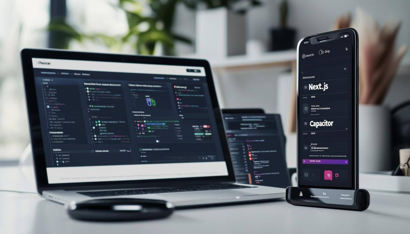 Developer's workspace showcasing a split-screen view with Next.js interface on a laptop and a mobile app emulator running with Capacitor on a smartphone."