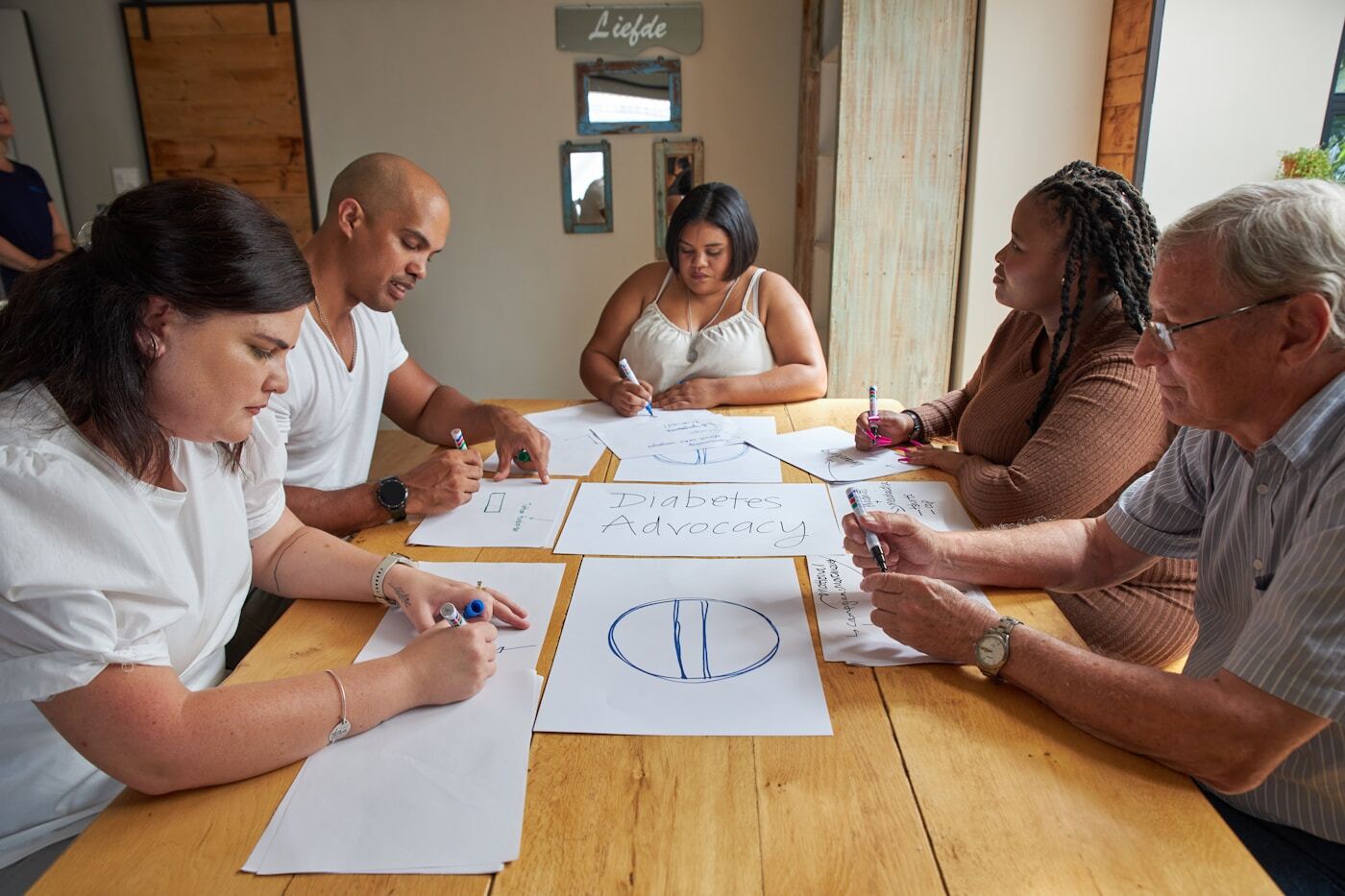 creative team reviewing social media ad designs laptop
